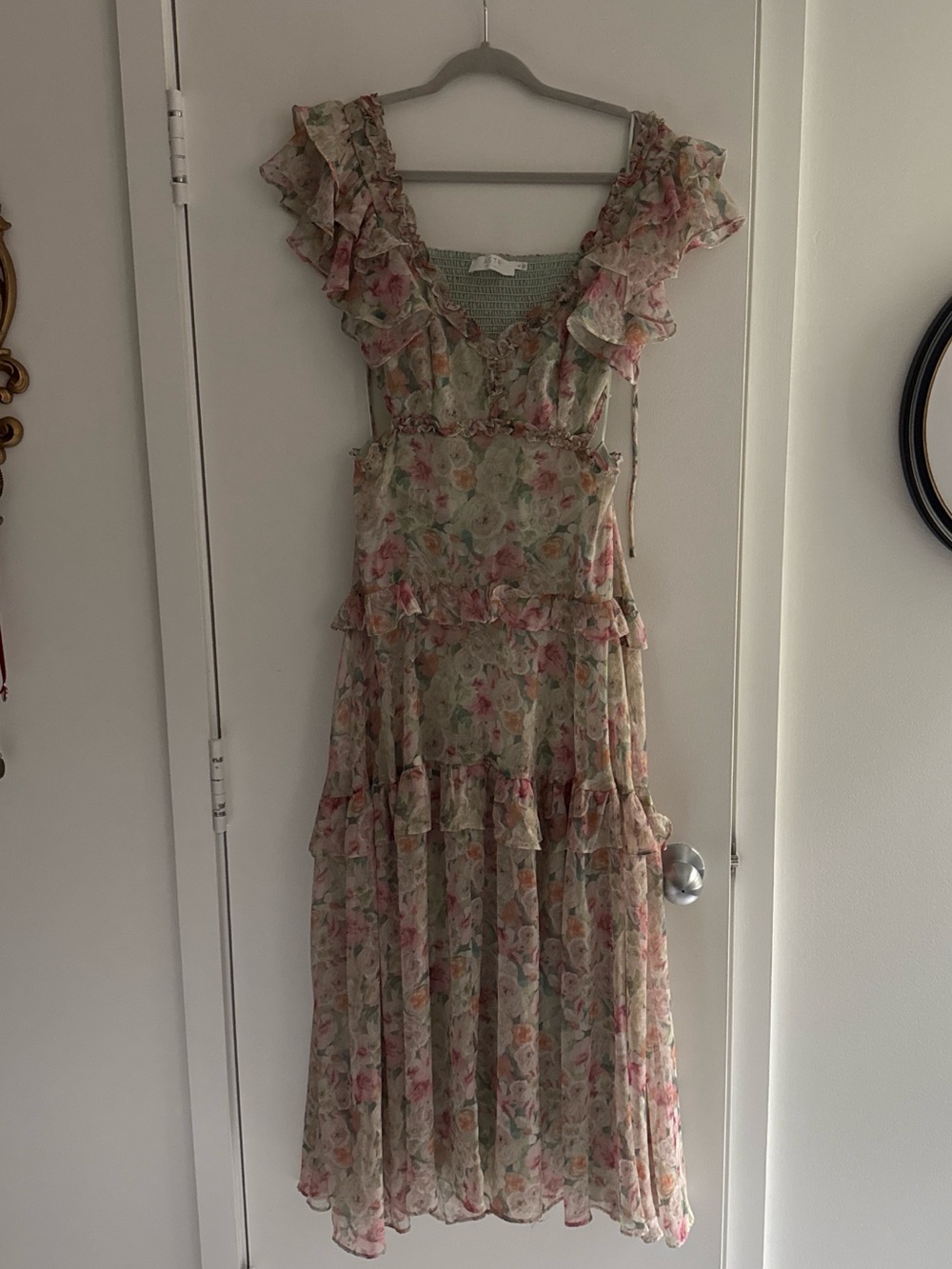 Astr Ruffled Floral Midi Dress in Green and Pink